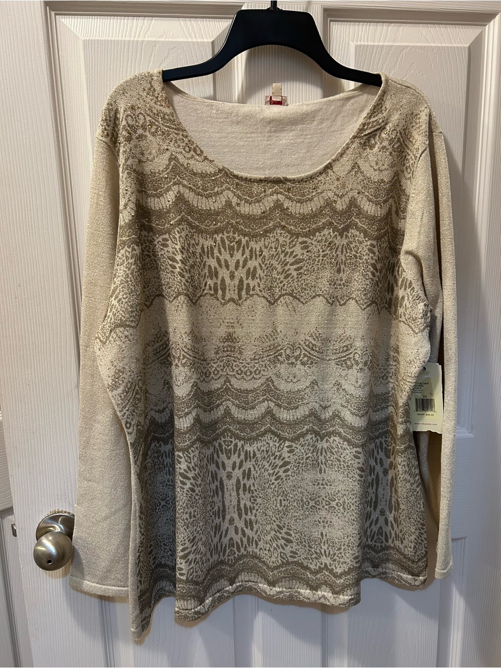Reba Woman 3X Cream & Taupe Patterned Scoop Neck Sweater w/Rhinestones NWT